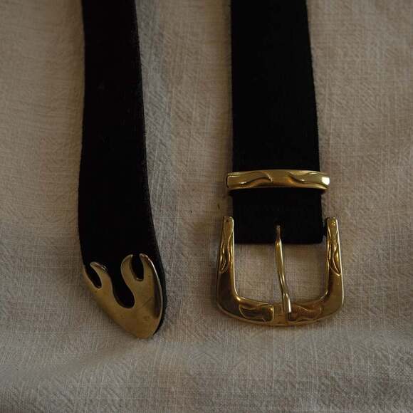 Vintage Fairweather Genuine Leather Black Belt | Gold Tone Ornate Buckle & Tip main image 5